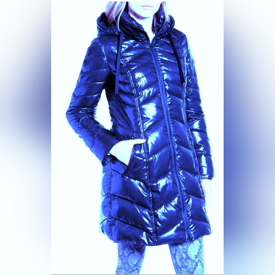 New Sam Edelman Blue Long Hooded Full Zip Glossy Quilted Puffer Jacket Coat S